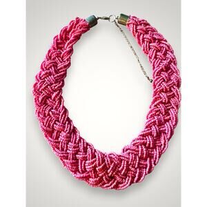 Vintage Salmon Pink Seed Bead Braided Multi Strand Chunky Statement Necklace 18"